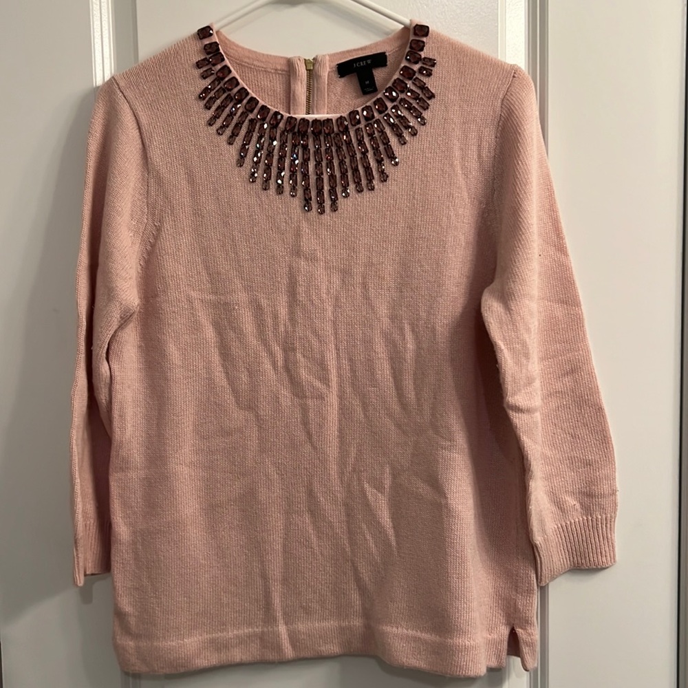 J. Crew Pink Starburst Jeweled Neckline Sweater M